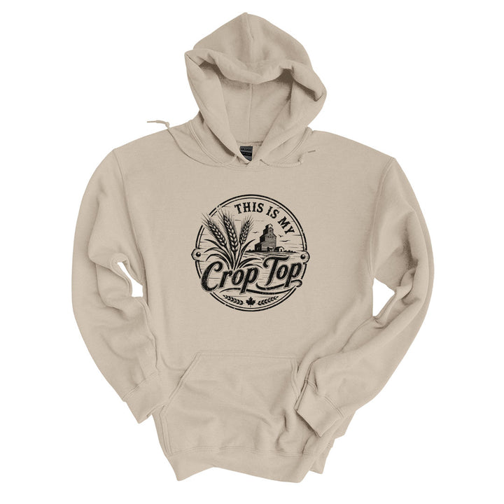 Sand hoodie with the This Is My Crop Top design printed across the front