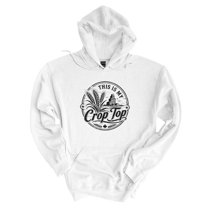 White hoodie with the This Is My Crop Top design printed across the front