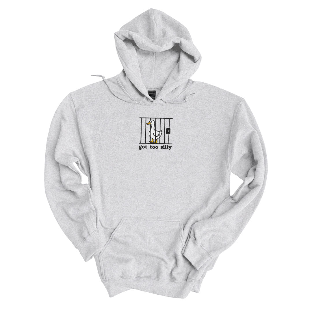 Ash hoodie with the Got Too Silly design embroidered on the centre chest