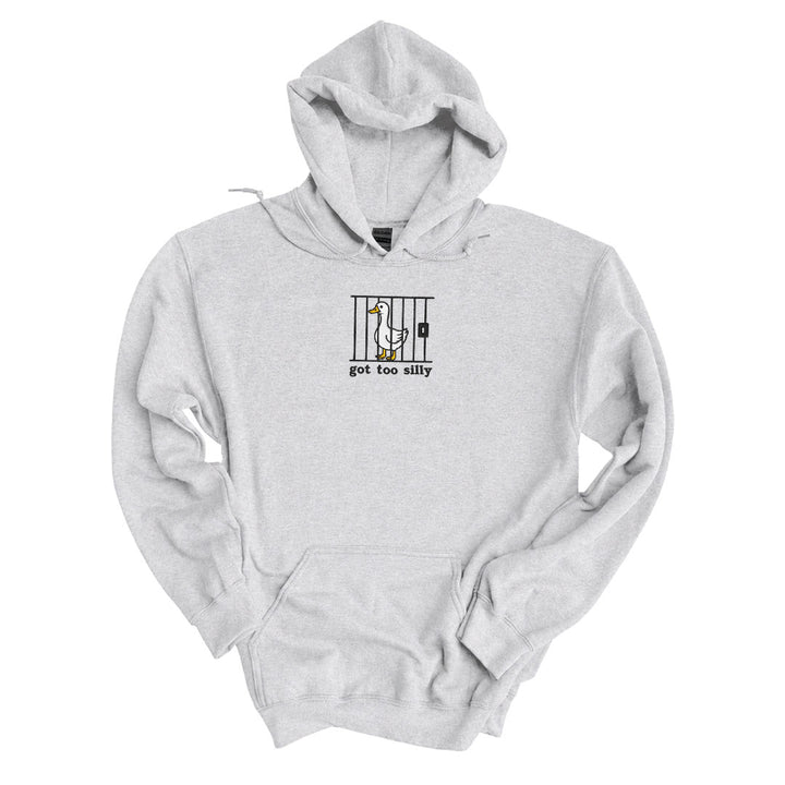 Ash hoodie with the Got Too Silly design embroidered on the centre chest