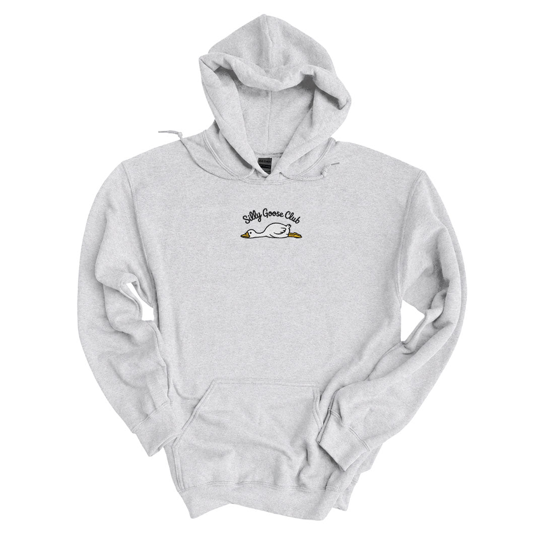 Ash hoodie with the Silly Goose Club design embroidered on the centre chest