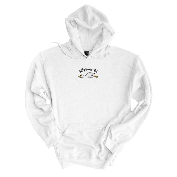 White hoodie with the Silly Goose Club design embroidered on the centre chest
