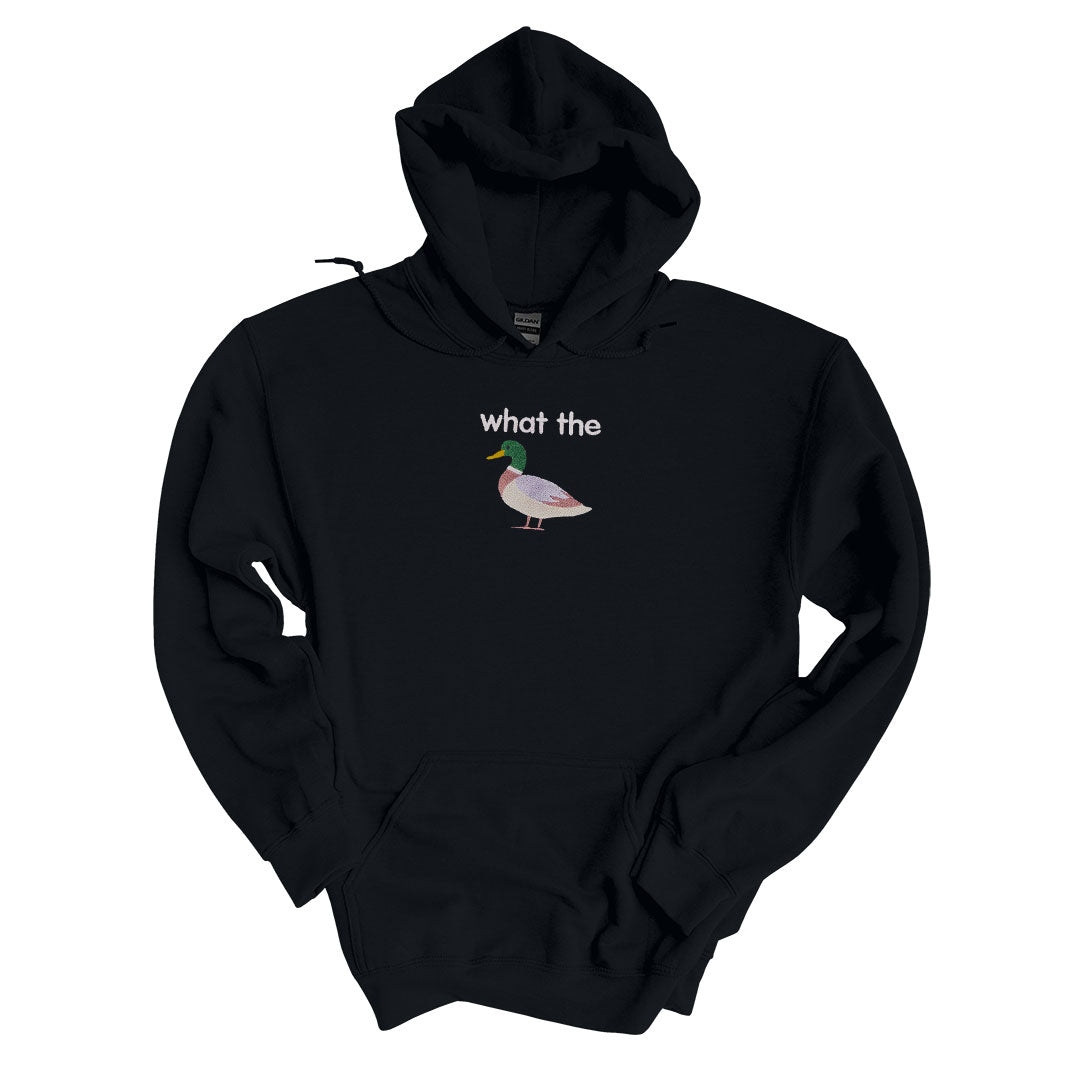 Black hoodie with the What The Duck design embroidered on the centre chest