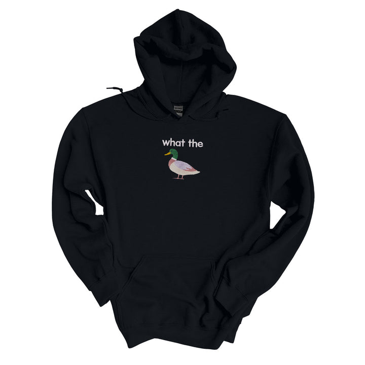 Black hoodie with the What The Duck design embroidered on the centre chest