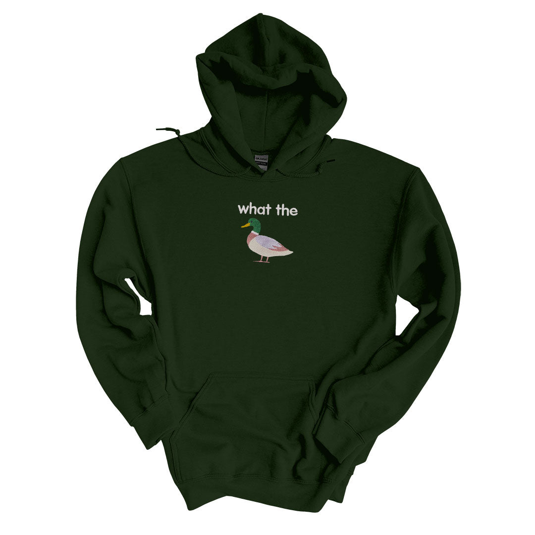 Forest Green hoodie with the What The Duck design embroidered on the centre chest