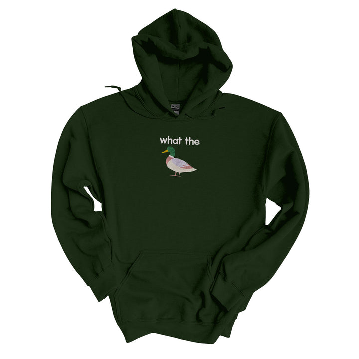 Forest Green hoodie with the What The Duck design embroidered on the centre chest