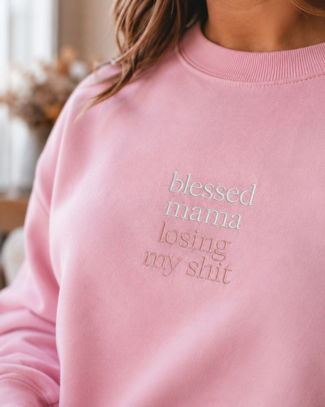 Blessed Mama Losing My Shit embroidered crewneck sweatshirt by Pinetree Innovations in Saskatoon
