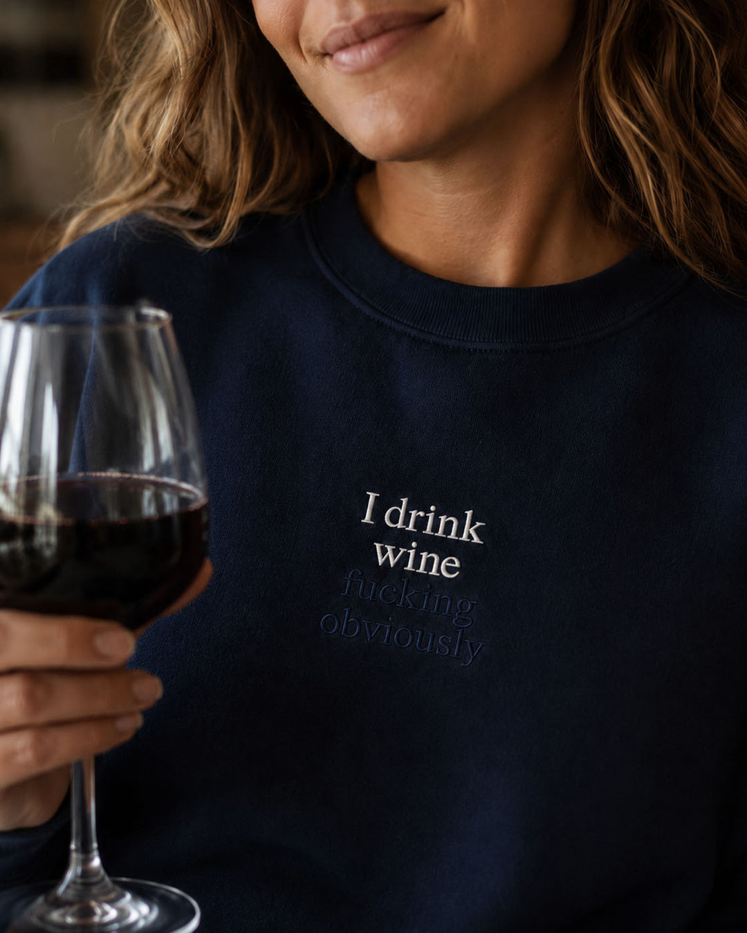 I Drink Wine Fucking Obviously embroidered crewneck sweatshirt by Pinetree Innovations in Saskatoon