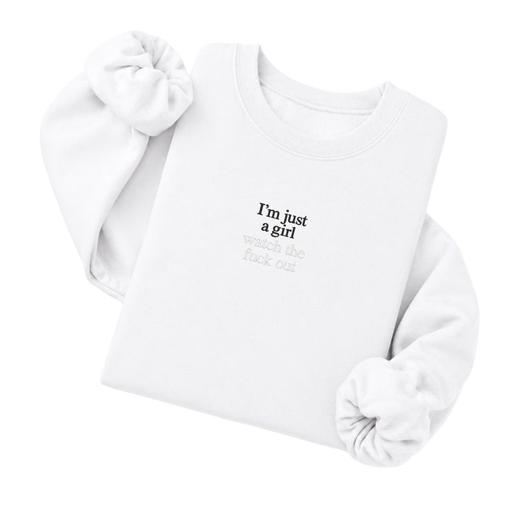White crewneck sweatshirt embroidered with I&