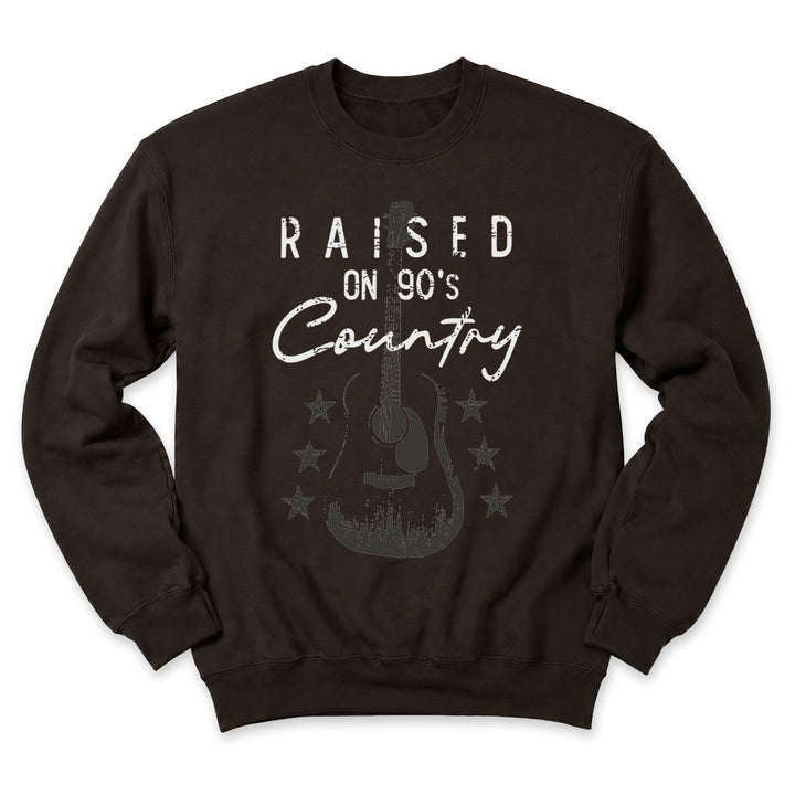 Dark Chocolate crewneck sweatshirt printed with "Raised on 90&