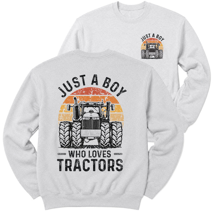 Ash crewneck sweatshirt printed with "Just a Boy who loves tractors" across the front