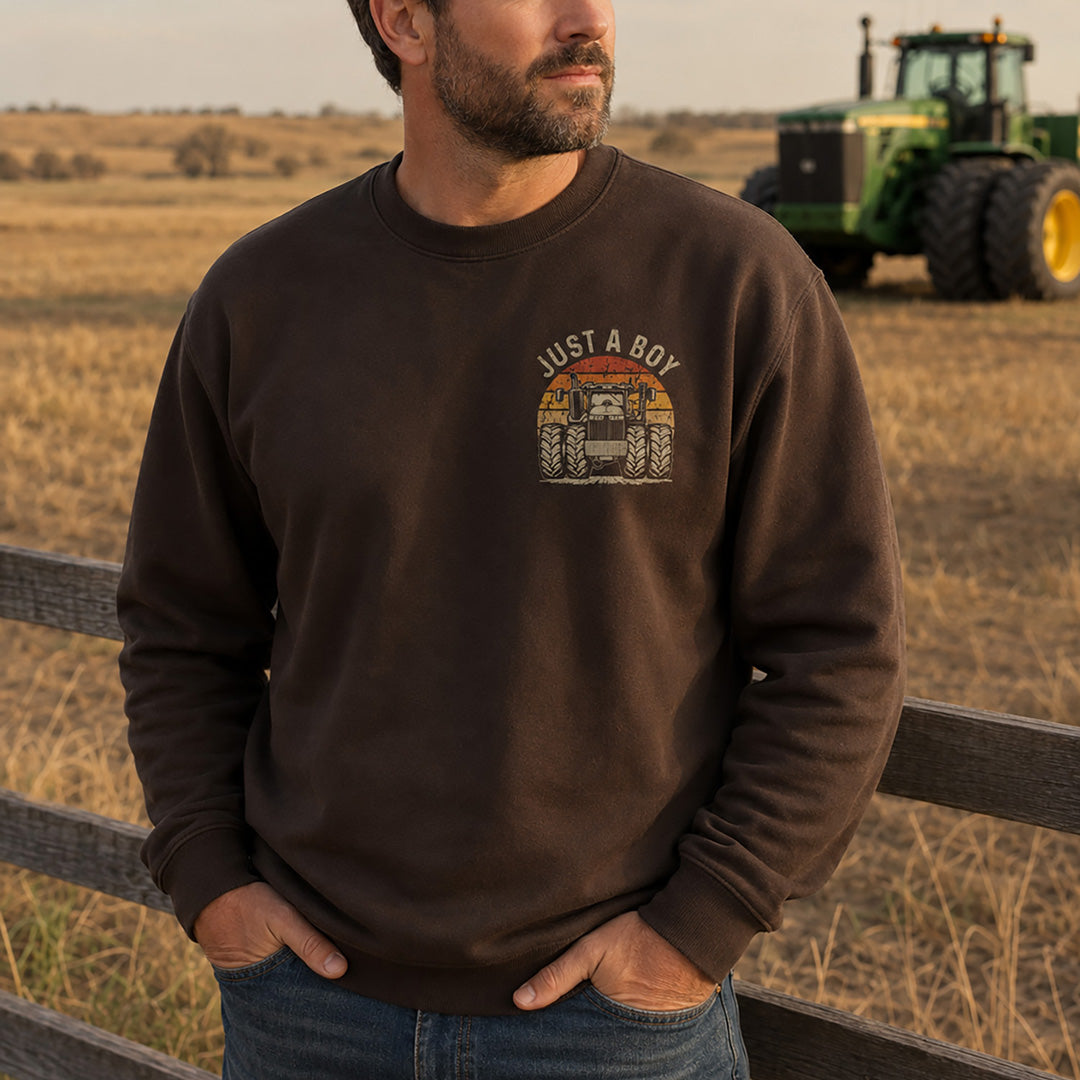 Just A Boy Who Loves Tractors printed crewneck sweatshirt by Pinetree Innovations