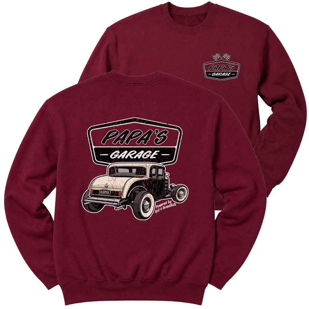 Garnet crewneck sweatshirt printed with "Papa's Garage" across the front