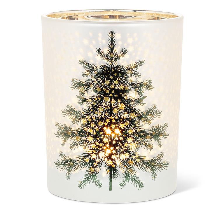 Medium Frosted Tree with Stars Candle Holder in green