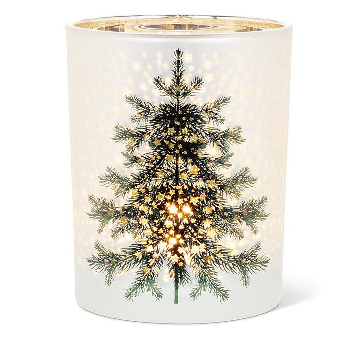 Medium Frosted Tree with Stars Candle Holder in green
