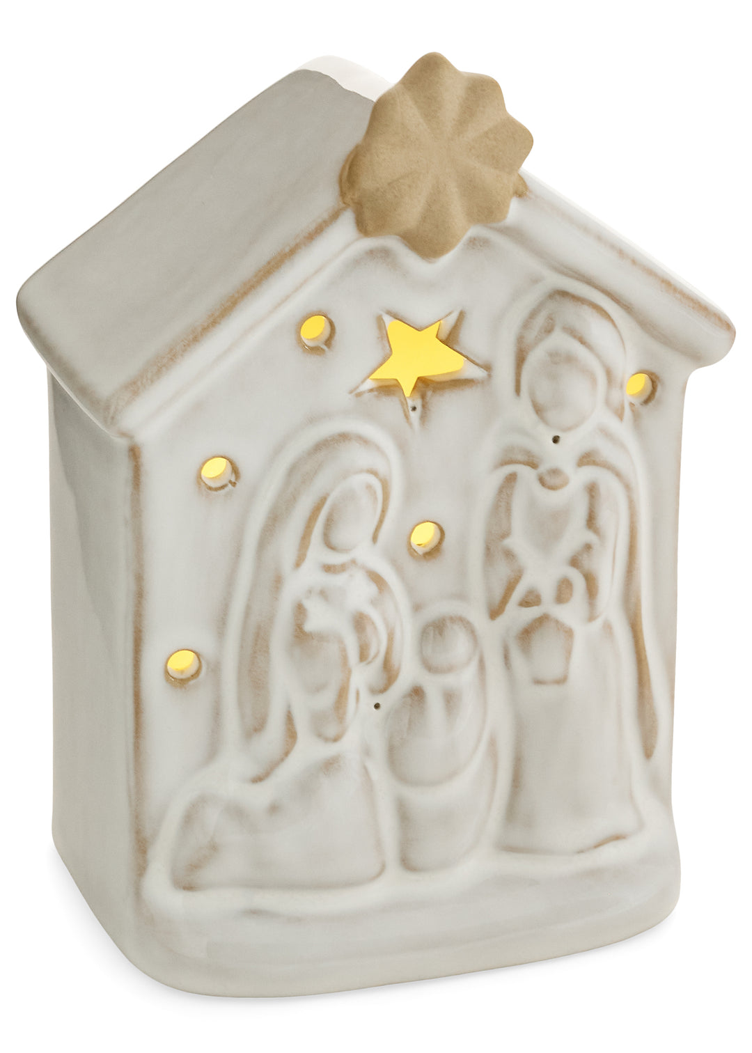 Stoneware Nativity House with LED | Ecru &amp; Sand