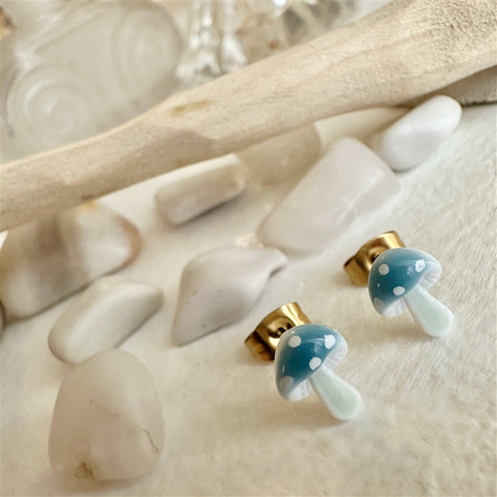 Blue porcelain mushroom stud earrings with white spots on gold posts