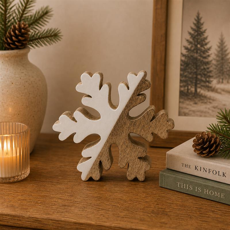 Wood and enamel snowflake on a shelf