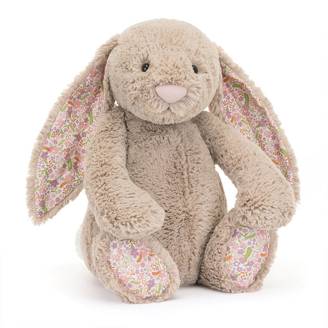 Jellycat Blossom Beige Bunny 'Petal' plush in beige fur with pink and purple floral printed ears