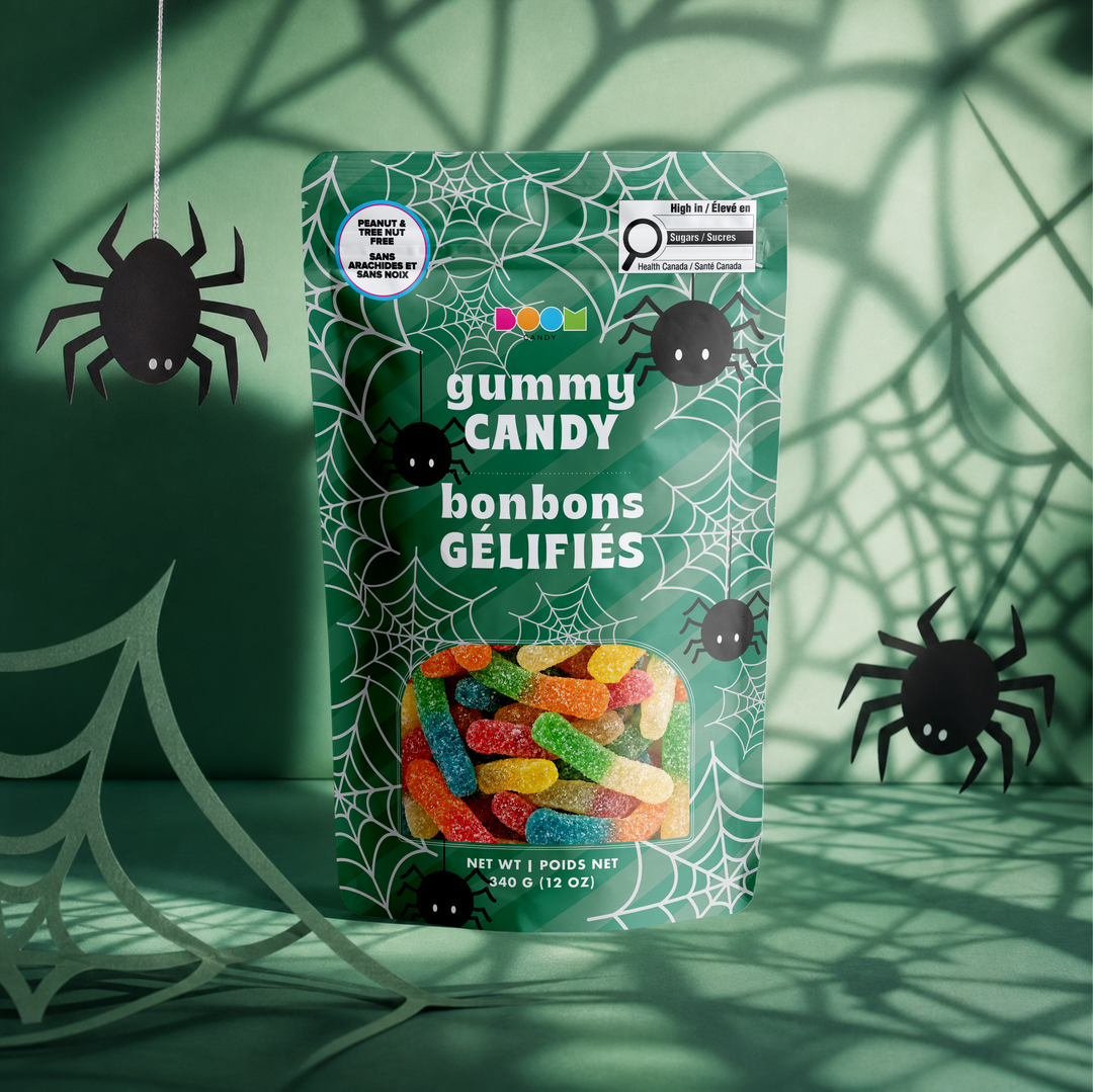 Boom Candy Spiders &amp; Web sour gummy worms 340g bag