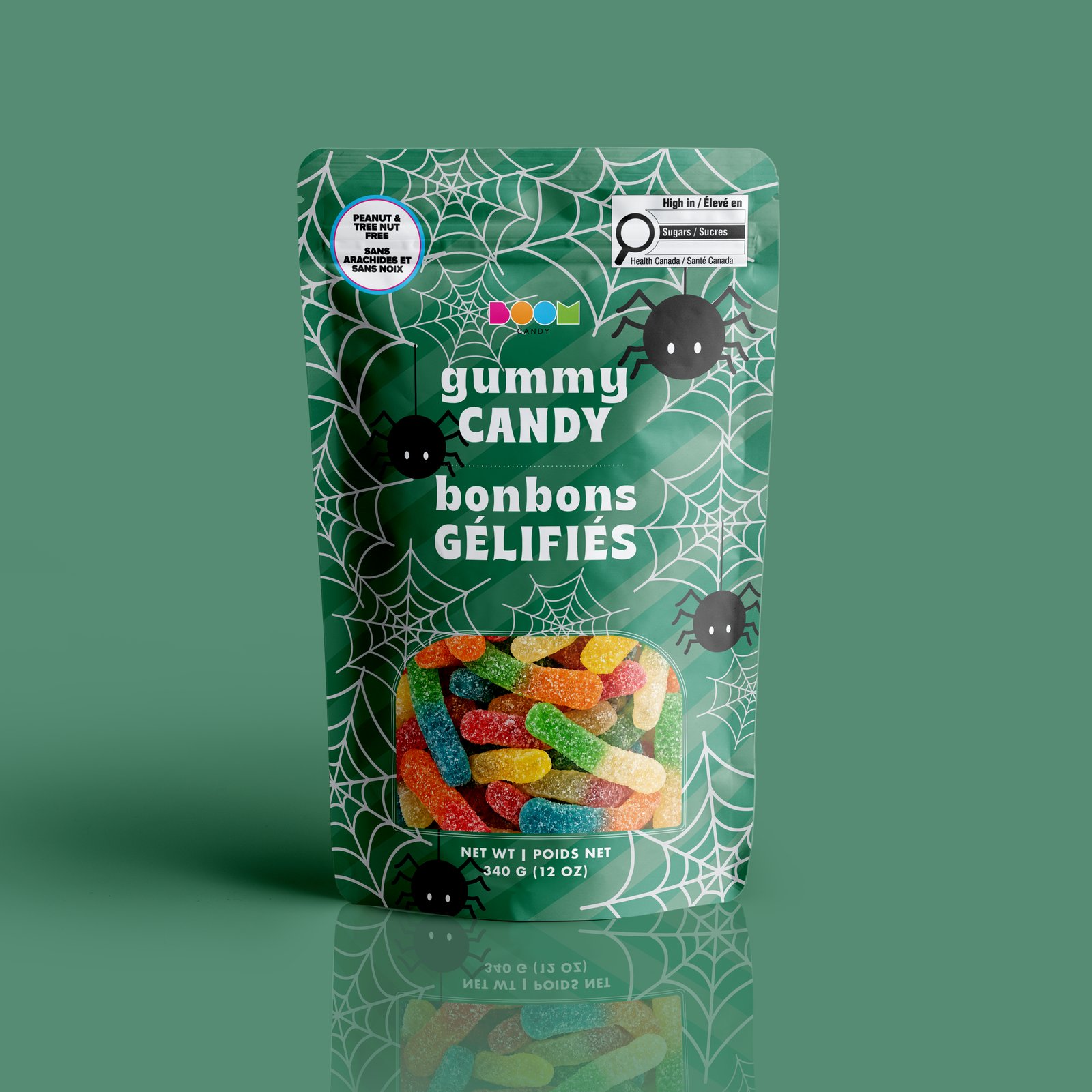 Boom Candy Spiders & Web sour gummy worms, green pouch with spiders and webs