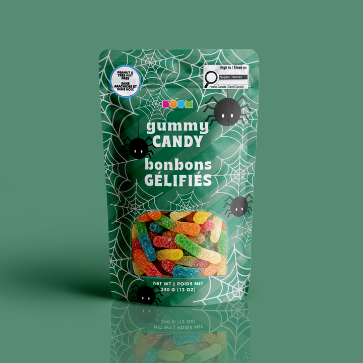 Boom Candy Spiders &amp; Web sour gummy worms, green pouch with spiders and webs