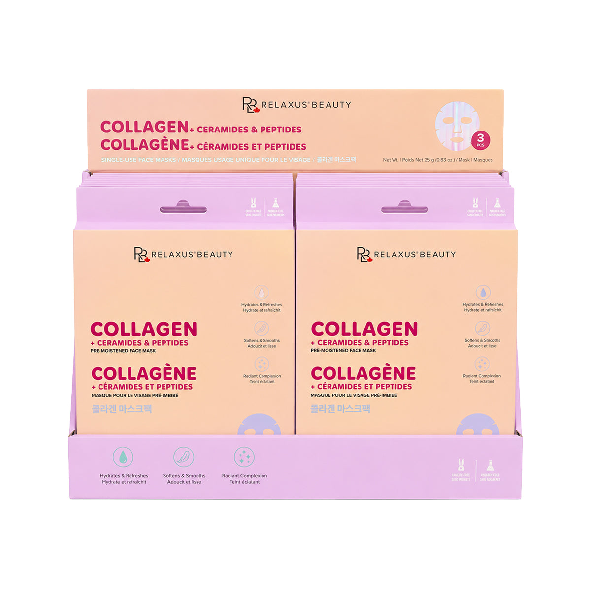 Relaxus Beauty Collagen Face Masks counter displayer of 12 packs