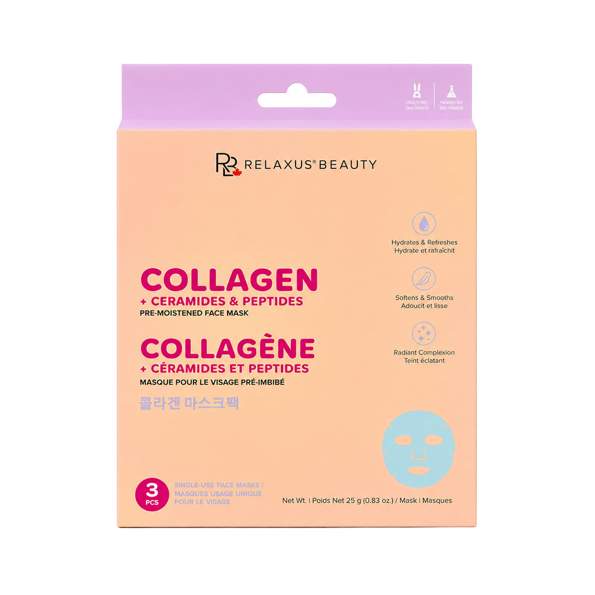 Relaxus Beauty Collagen plus Ceramides and Peptides Face Masks, 3-pack retail box