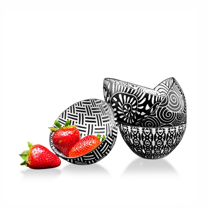 Black and white patterned stoneware dip bowls
