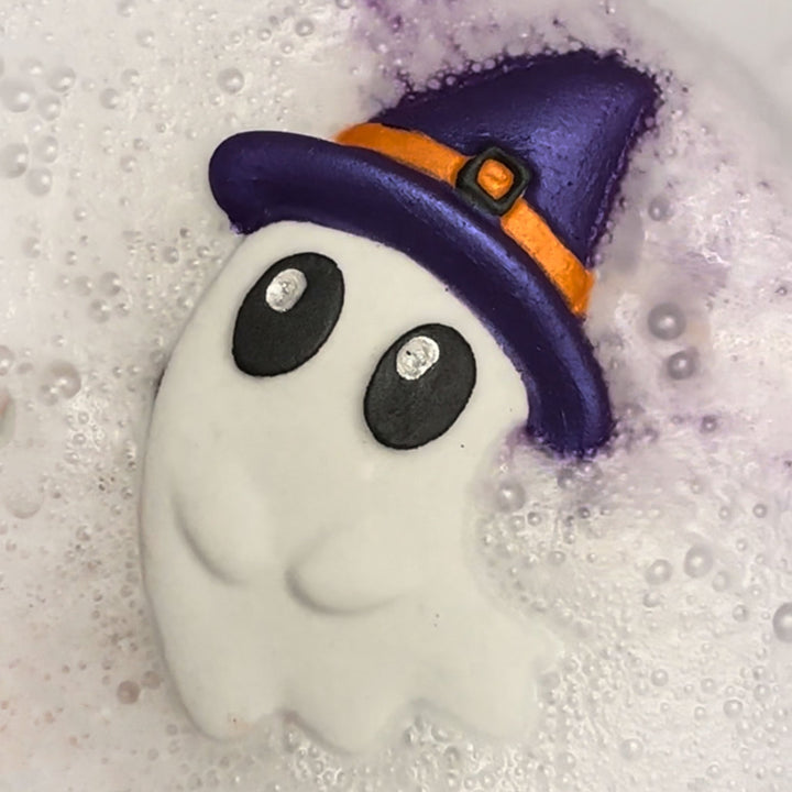Halloween Witchy Ghost bath bomb fizzing in the bath