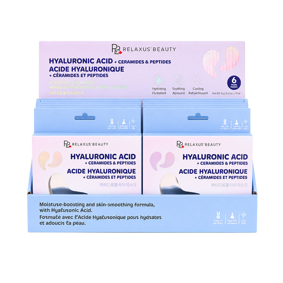 Relaxus Beauty Hyaluronic Acid Eye Masks counter displayer of 12 packs