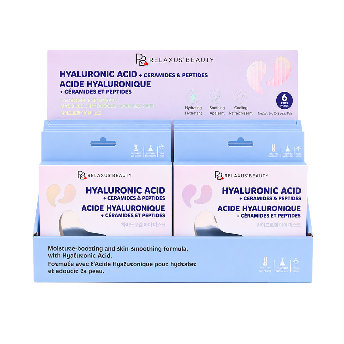Relaxus Beauty Hyaluronic Acid Eye Masks counter displayer of 12 packs