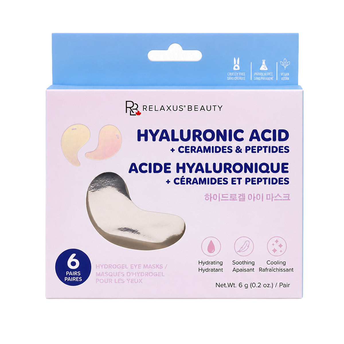 Relaxus Beauty Hyaluronic Acid plus Ceramides and Peptides Eye Masks, 6-pack retail box