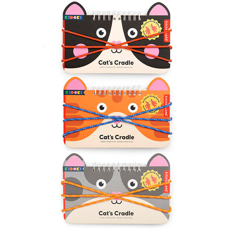 Kidoki Cat's Cradle cat-faced book with cotton string on white background