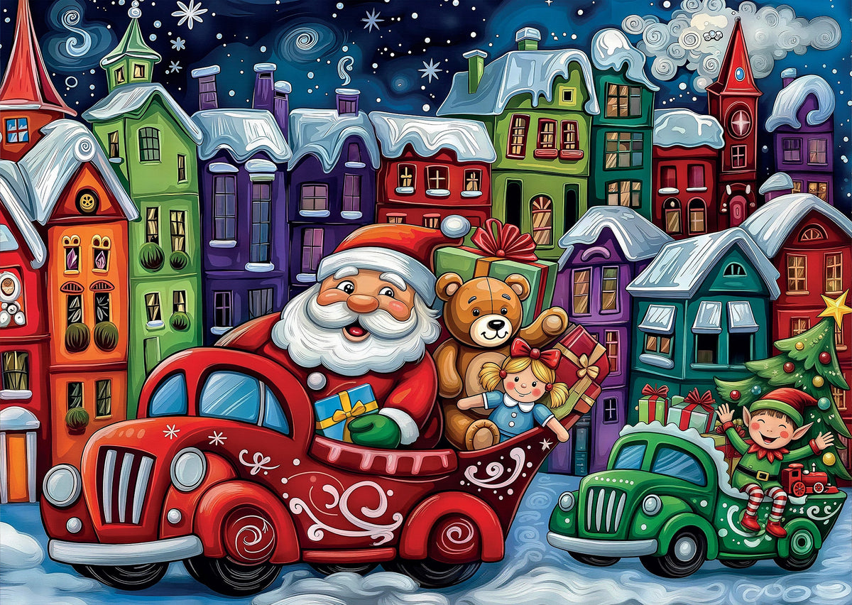 Santa's Holiday Drive 1000 piece Delfy puzzle artwork