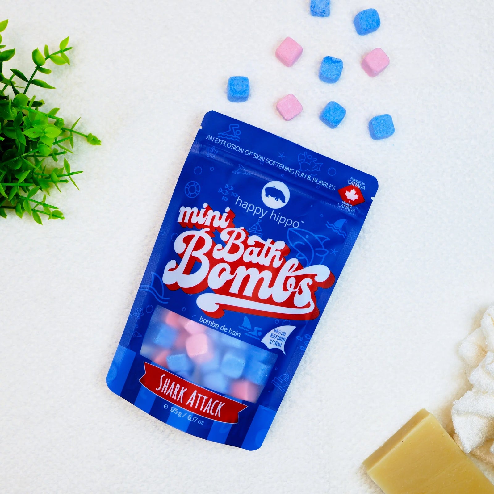Shark Attack Mini Bath Bomb Bag by Happy Hippo — ocean-colored mini bath bombs with a bold cactus and agave fragrance