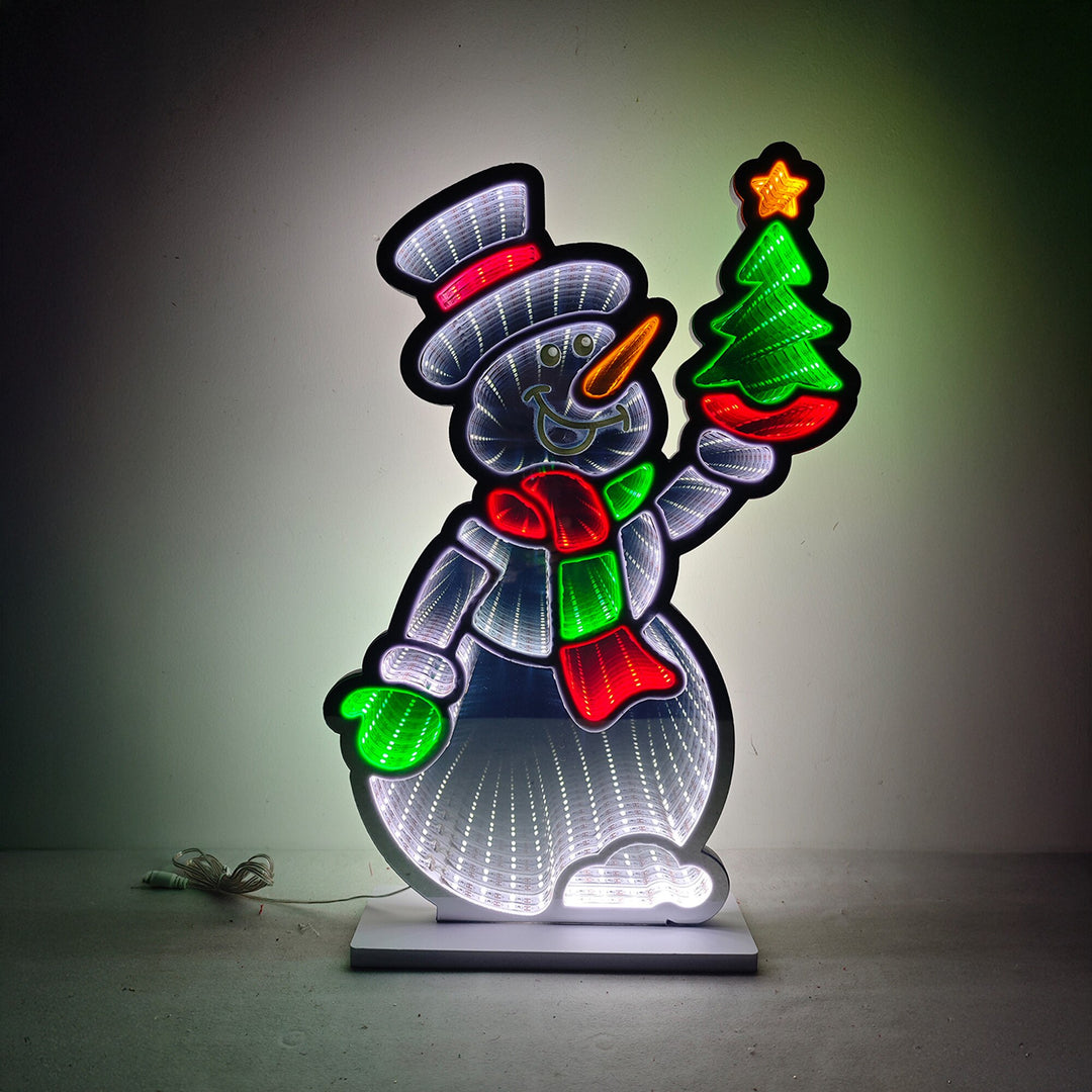 Large LED infinity mirror snowman light with top hat and scarf