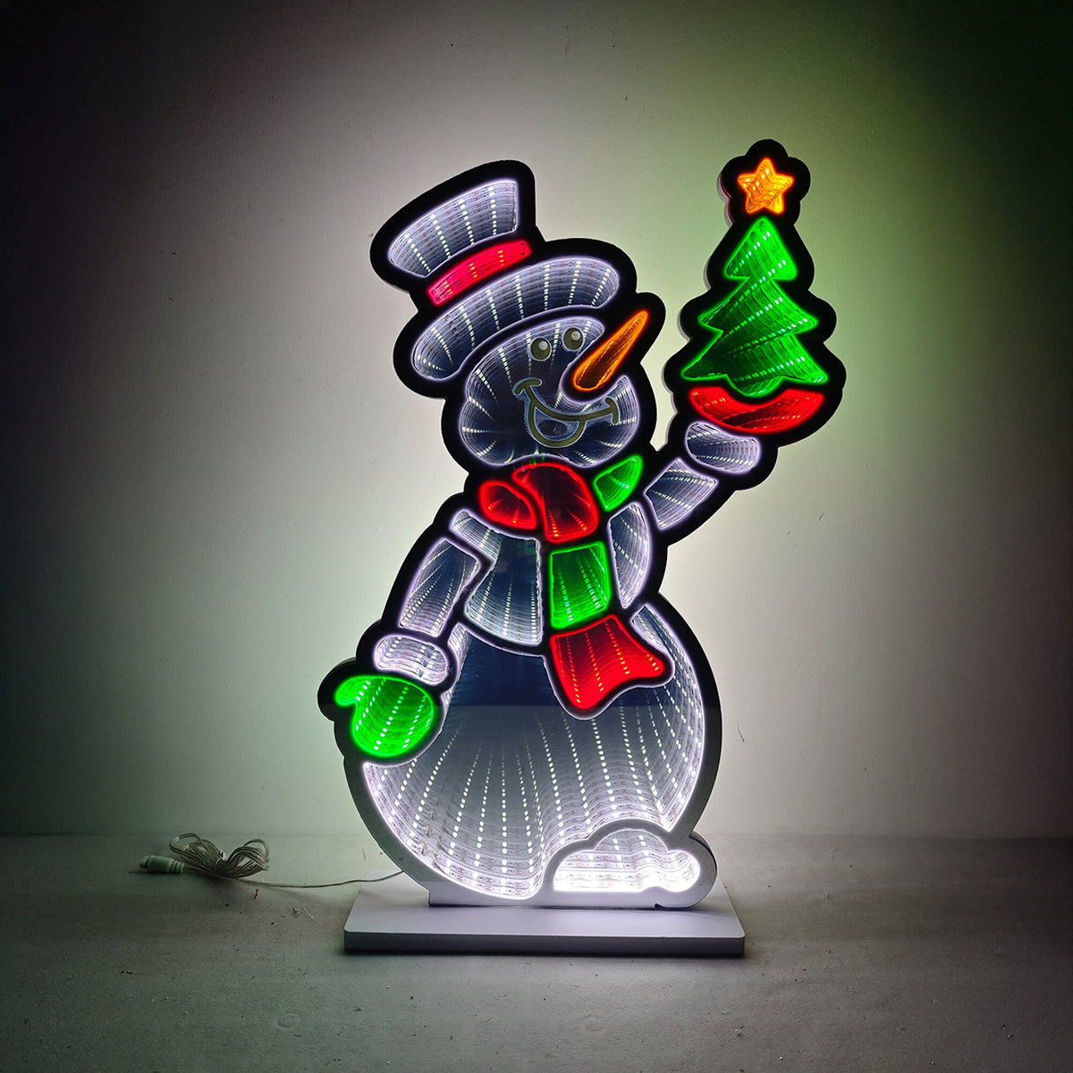 Large LED infinity mirror snowman light with top hat and scarf
