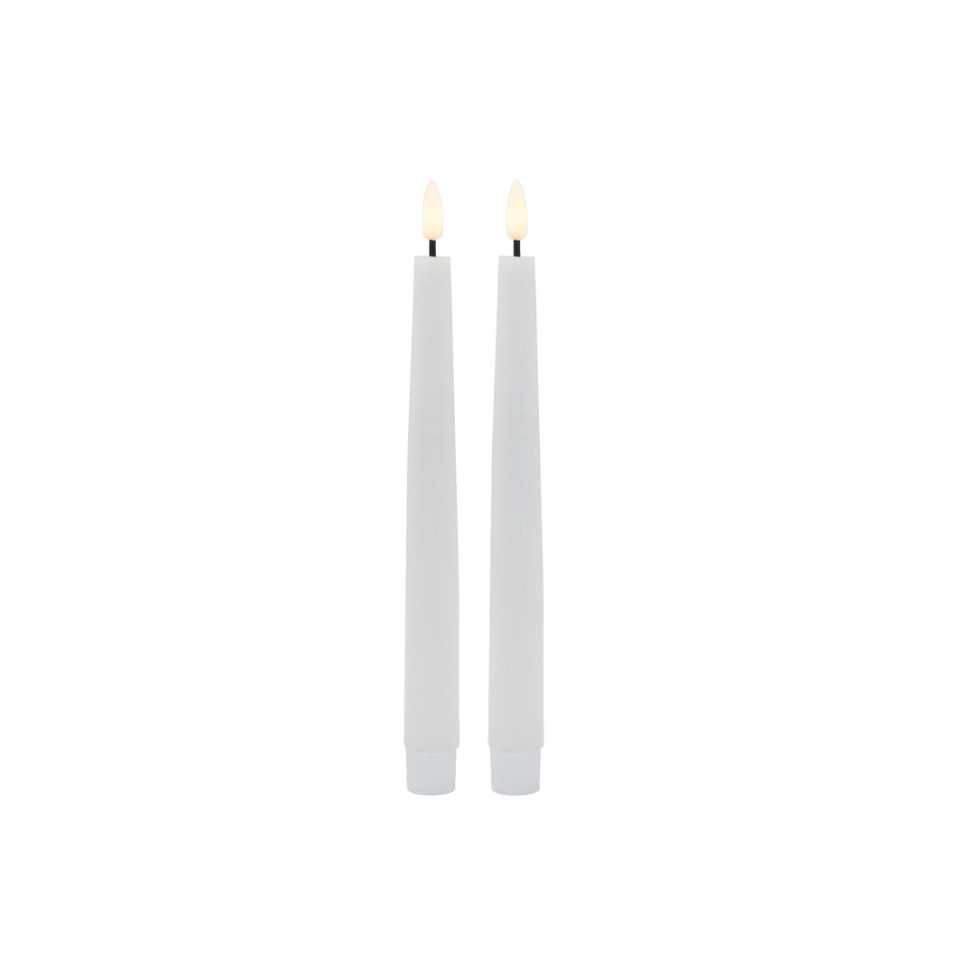 Pair of white rustic-finish LED taper candles with flickering amber flames