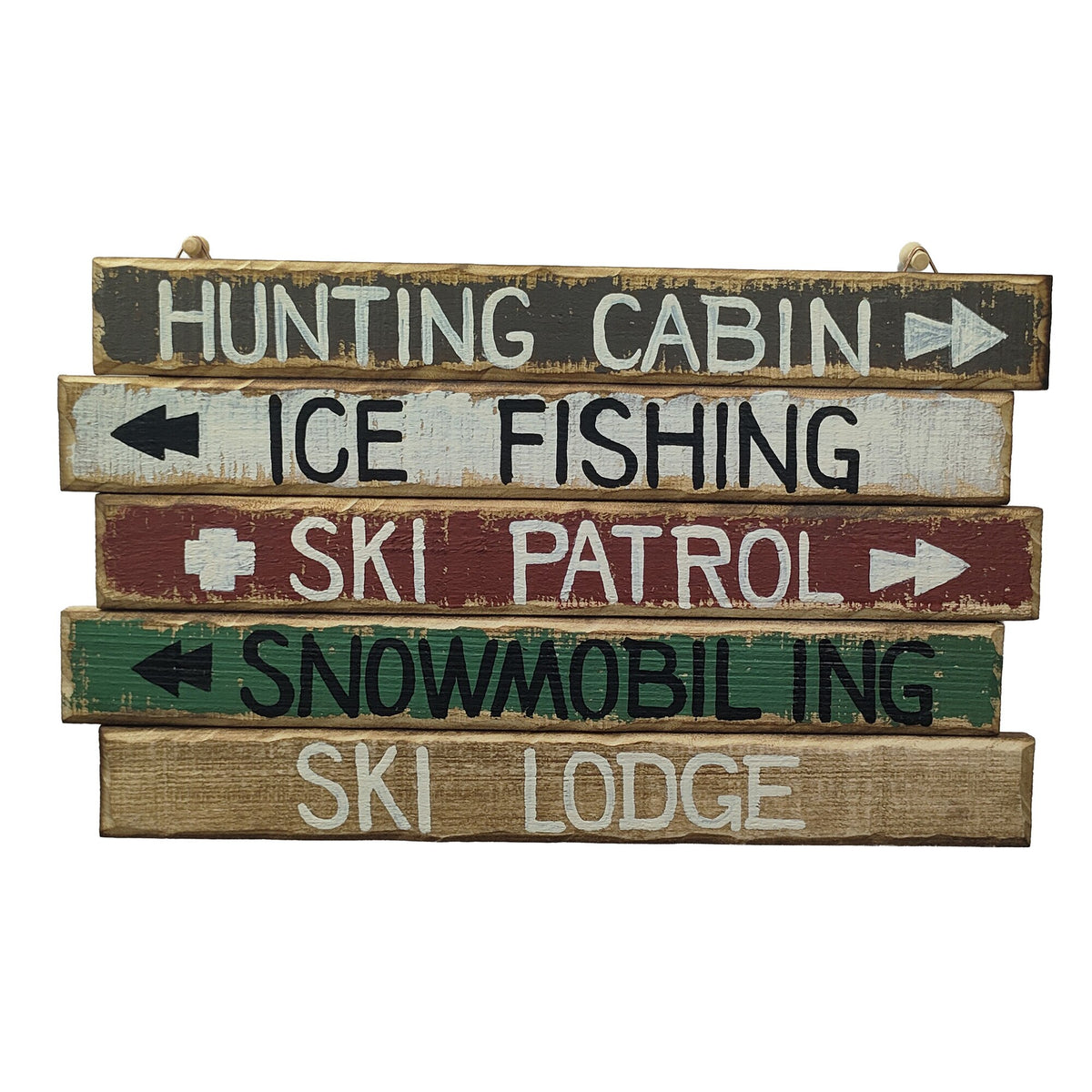Wooden wall plaque with a rustic winter lodge and pine tree scene