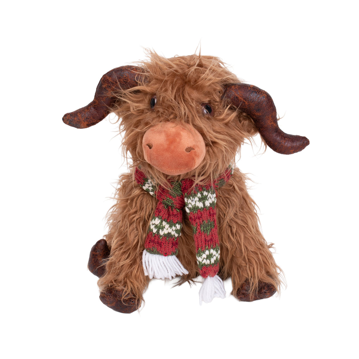 Shaggy brown Highland cow plush with red and green knit scarf, sitting