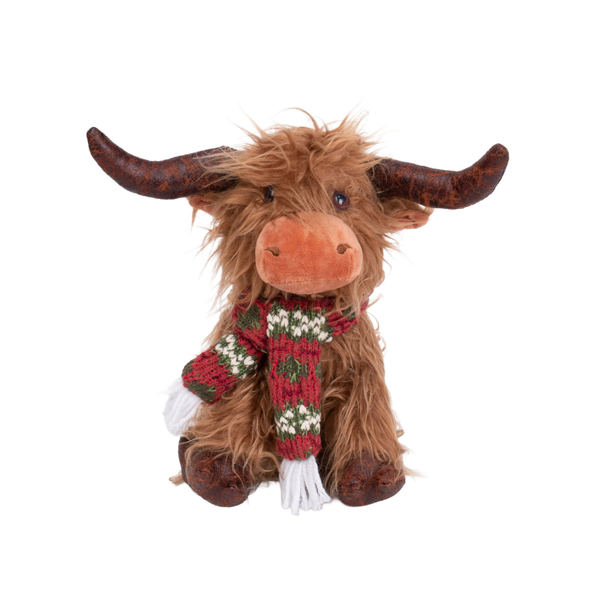 Small shaggy brown Highland cow plush with knit scarf and curved horns