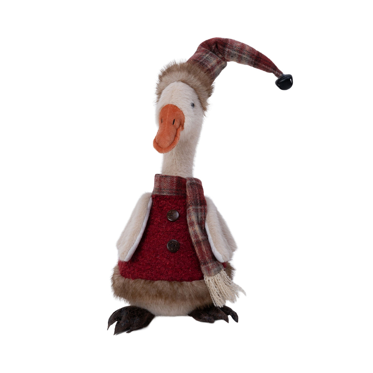 Standing cream Christmas goose in plaid Santa hat and red fur-trimmed vest