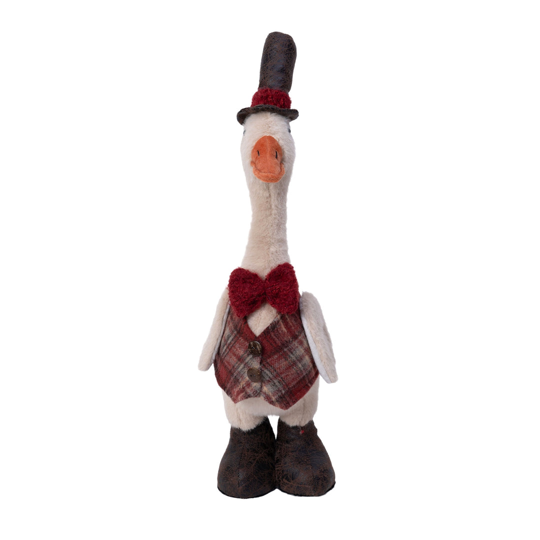Standing cream Christmas goose in grey top hat, red bow tie and plaid waistcoat
