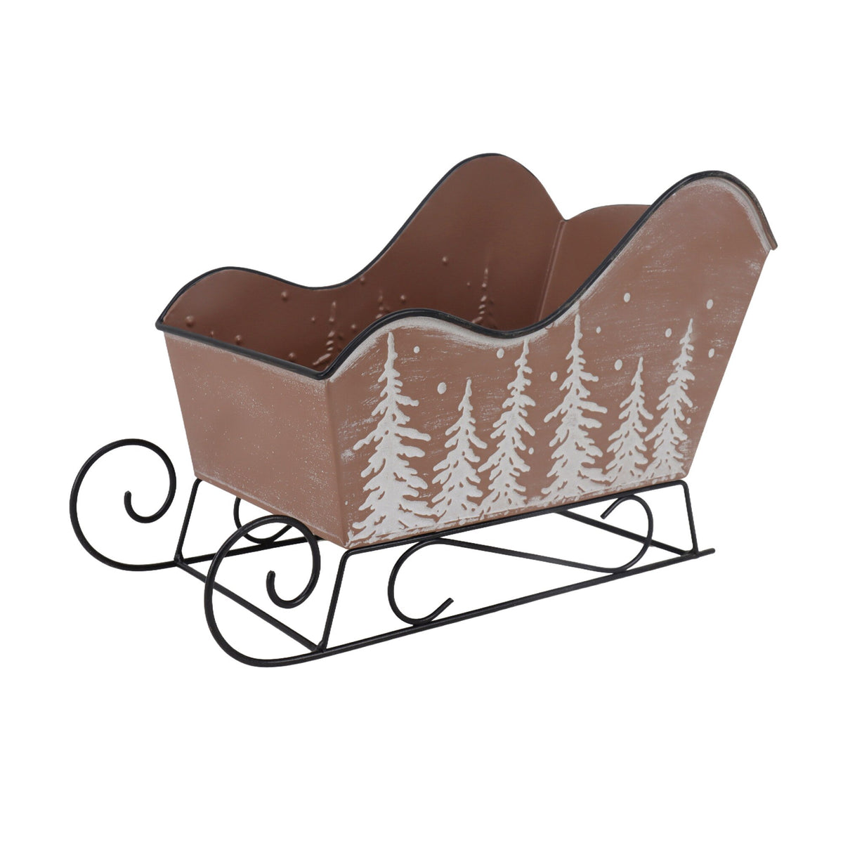 Brown metal sleigh with hand-painted white pine trees and iron runners, 13 inch
