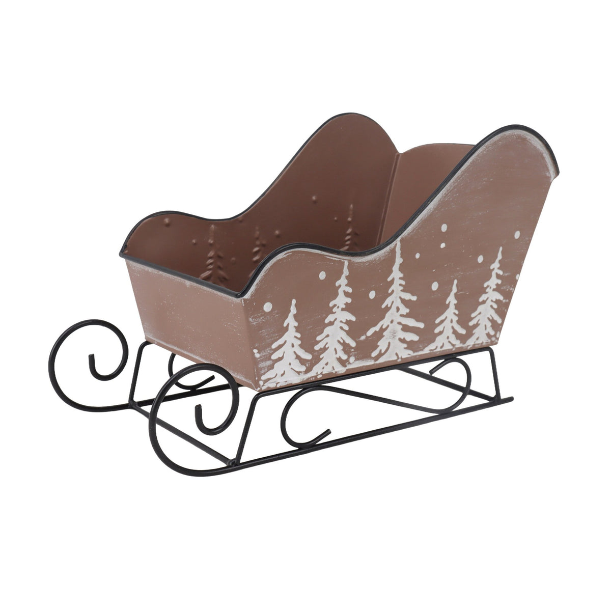 Small brown metal sleigh with painted white pine trees, 10.5 inch