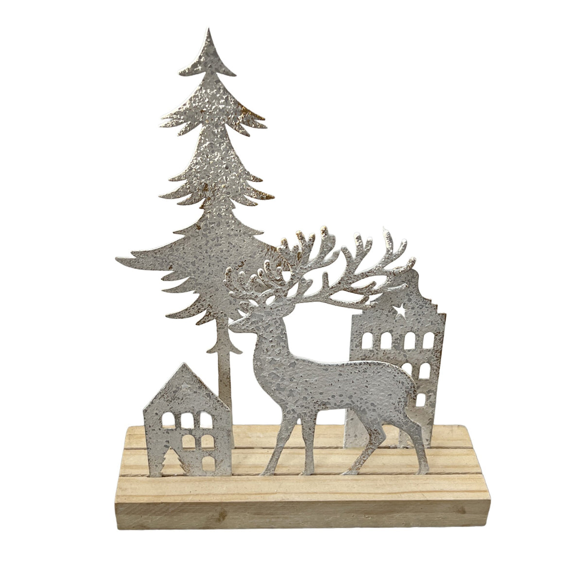 Antique white-washed metal reindeer with pine tree and house scene on a base