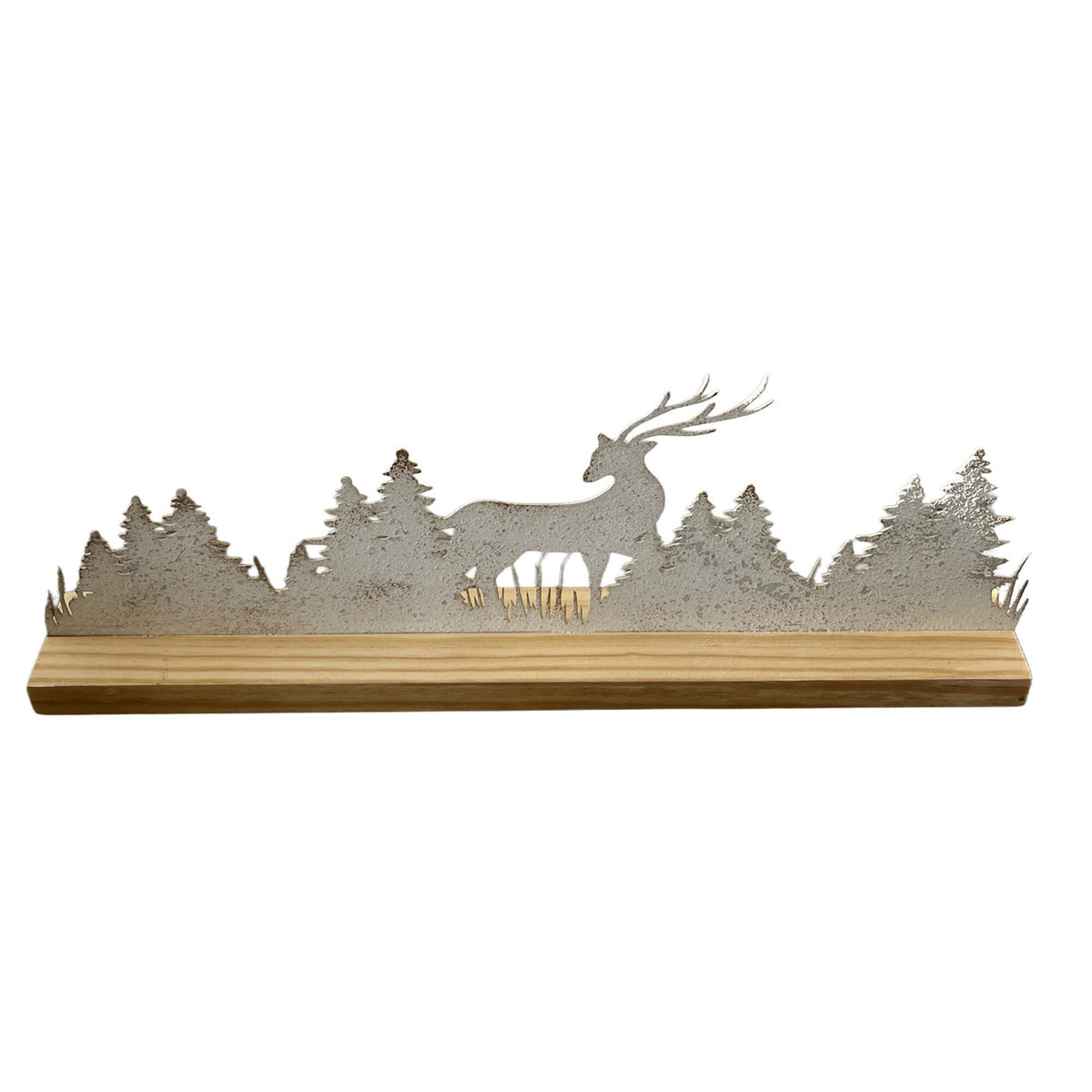 Tall antique white-washed metal reindeer with pine tree on a base