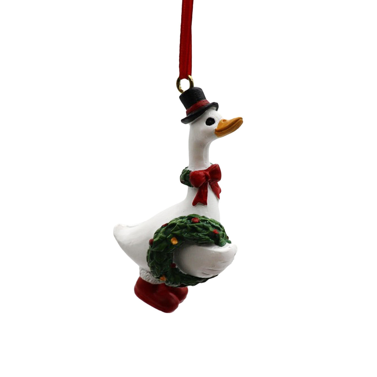 Small white goose Christmas ornament with red neck bow