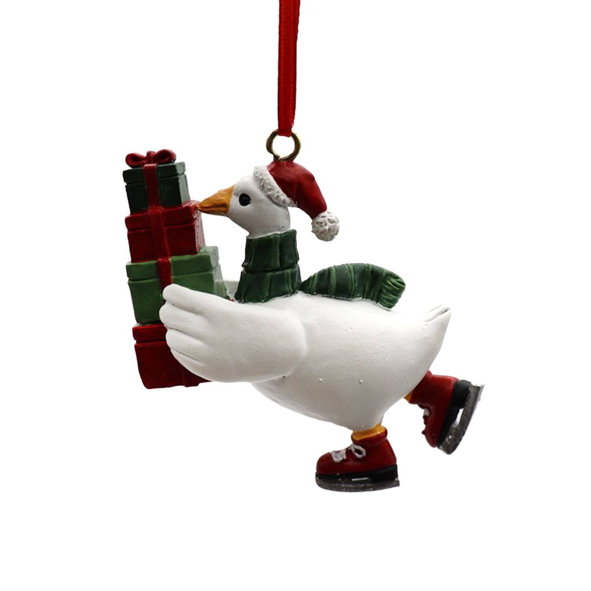 Goose Christmas ornament in Santa hat balancing stacked colourful gifts